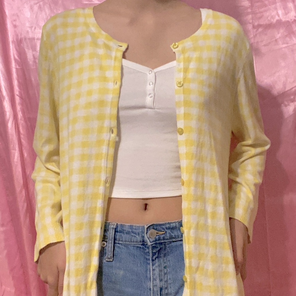 Y2K Pastel Yellow Gingham Cardigan